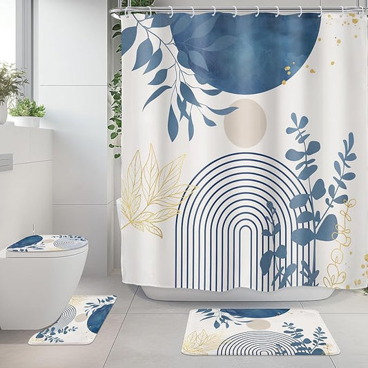 Riyidecor Boho Light Blue 4Pcs Bathroom Shower Curtain Sets Mid Century Minimalist Abstract Modern Bathroom Decor Set with Rugs and Accessories Leaf Toilet Lid Rug, Contour and Bath Mat with 12 Hooks