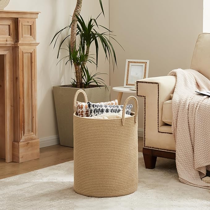 YOUDENOVA Cotton Laundry Hamper, 58L - Woven Collapsible Storage Basket - Jute Brown