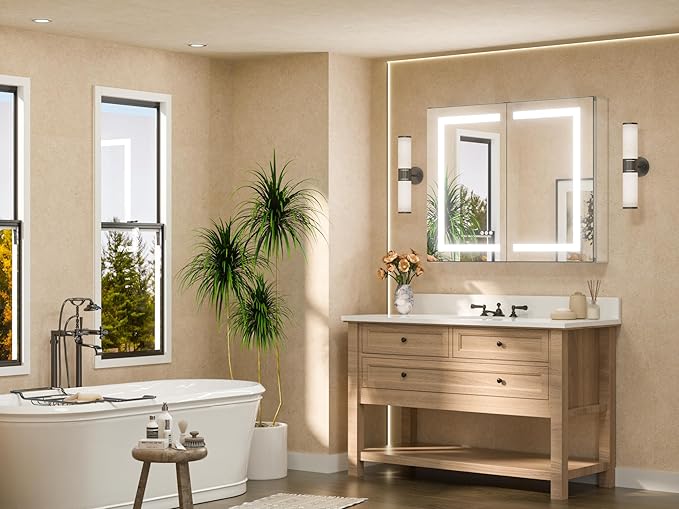 TETOTE LED Lighted Bathroom Medicine Cabinet Mirror with Lights 36 x 30 Recessed or Wall Mounted Cabinet with 2 Door, Tempered Glass, Outlets & USB, 3-Color Stepless Dimming, Defog, Adjustable Shelf