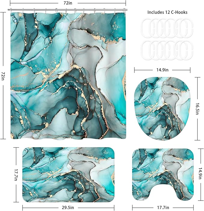 4PCS Teal Blue Marble Shower Curtain Sets with Rugs, Gold Abstract Bathroom Sets with Shower Curtain and Rugs, Modern Bathroom Curtains Shower Set with Accessories for Bathroom Decor