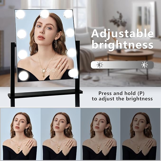 Kotdning Vanity Mirror with Lights,Lighted Vanity Mirror with 9 Dimmable Bulbs for Dressing Room & Bedroom,3 Color Lighting,Modes Detachable 10x Magnification 360°Ratation (Black) 12" L x 14.4" W