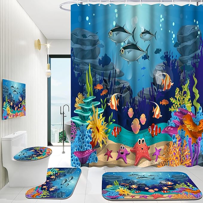 Colorful Fish Underwater Shower Curtain Set, 4 Piece Bathroom Decor with 12 Hooks, Vibrant Marine Life Bath Curtain