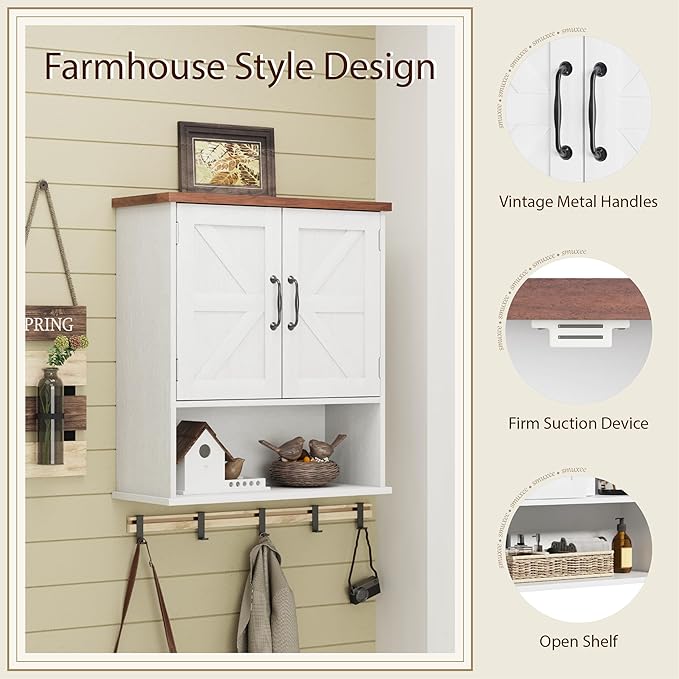 Smuxee Farmhouse Bathroom Cabinet Wall Mounted, White Small Medicine Cabinet with Adjustable Shelf, Bathroom Cabinet for Living Room, Laundry Room