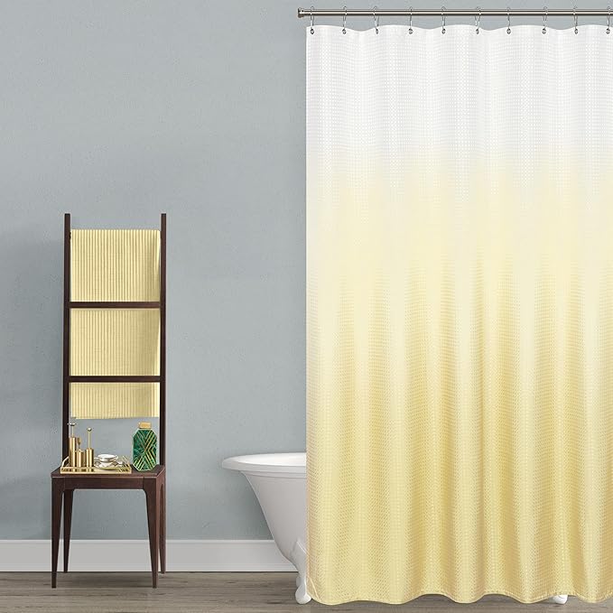Mrs.Naturall Mellow Yellow Beige Shower Curtains for Bathroom Sets of Hooks Waterproof Waffle Textured Soft Warm Tone Winter Shower Curtain 72 Inch Length Butter Cream Pastel Pale Yellow