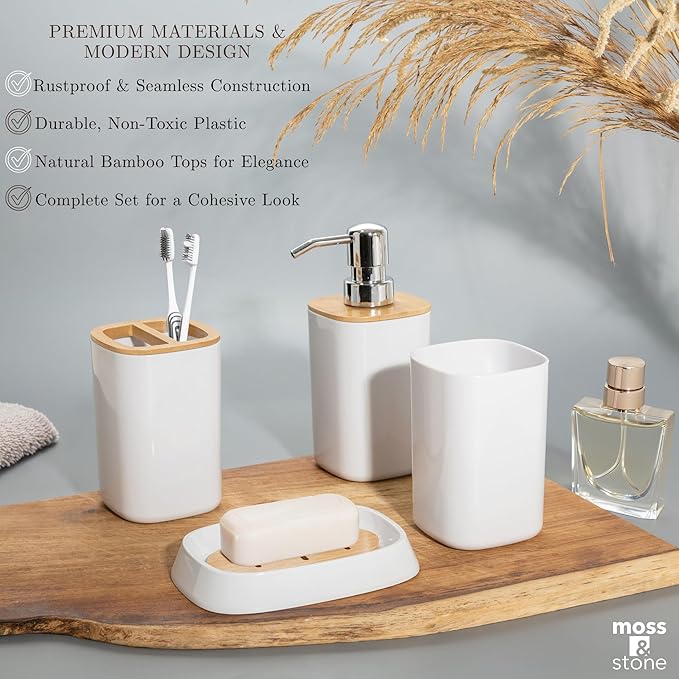 Moss & Stone 6-Piece Bathroom Accessories Set – White Plastic and Bamboo Bathroom Set with Soap Dispenser, Toothbrush Holder, Cup & Soap Dish – Modern Countertop Bathroom Décor