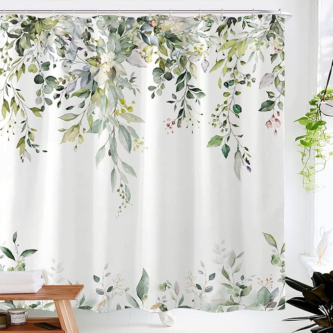 kampdream Eucalyptus Plant Rustic Shower Curtain, Watercolor Leaves On The Top Country Farm House Shower Curtain, Spring Botanical Bathroom Curtain 72 ×84 Inch
