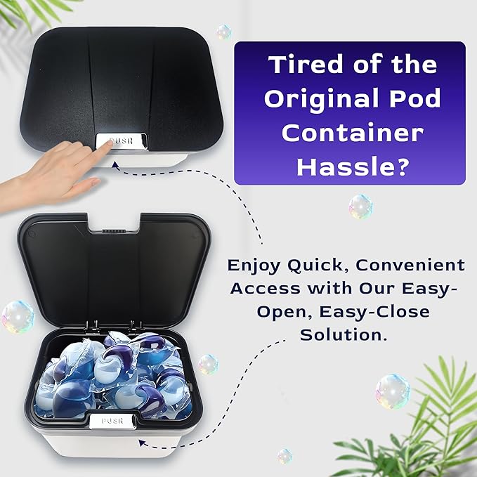 Skywin TidyFriend Laundry Pods Container with Push Up Lid, 9.8" x 7.3" x 6.3", Airtight Storage Keeps Pods Fresh, Laundry Detergent Container & Dishwasher Pod Holder (Black)