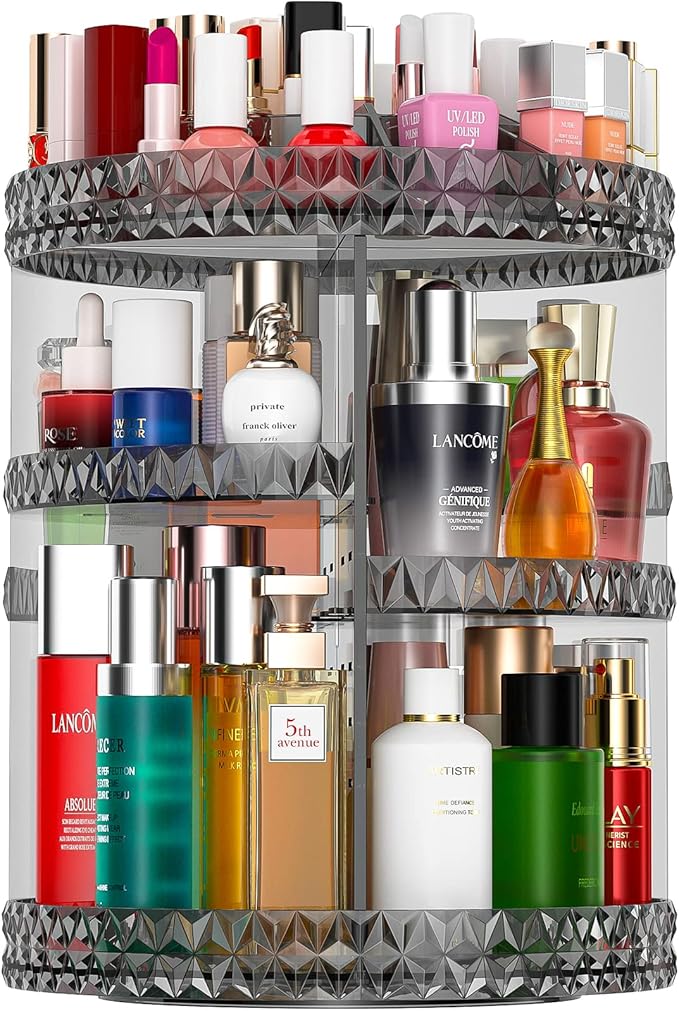 360 Rotating Makeup Organizer, DIY Adjustable Makeup Carousel Spinning Holder Storage Rack, Large Capacity Vanity Organizer Skincare Organizers (Gray)