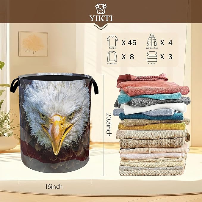 Bald Eagle Laundry Basket,Memorial American Flag Clothes Hamper,Oxford Cloth Collapsible Nursery Hamper Storage Organization for Bedroom,Bathroom,Office,College Dorms,16x20 Inch