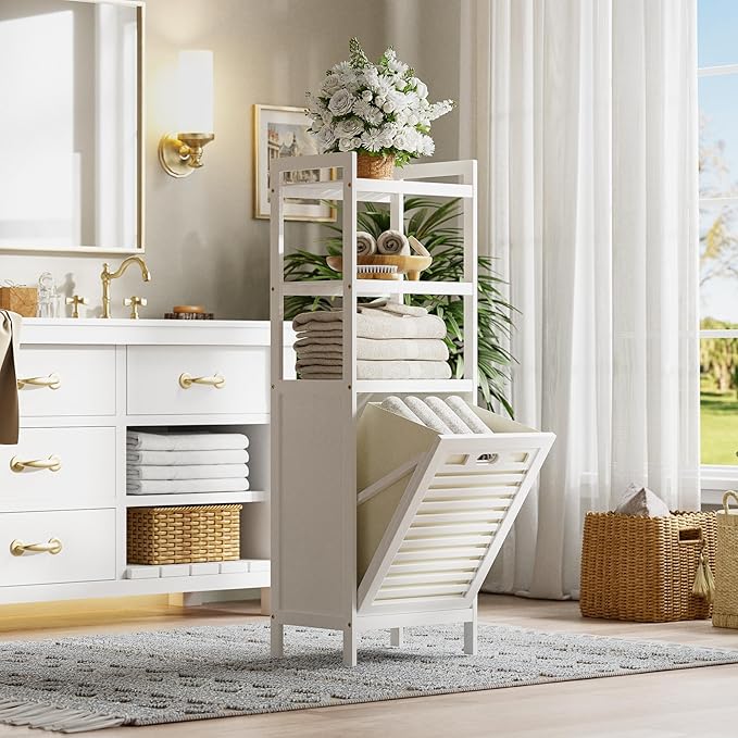 HITNET Bamboo Tilt Out Hamper, 10 Gal Bathroom Laundry Cabinet with Hidden Foldable Basket, Freestanding Clothes Storage Organizer with Storage Shelf, White