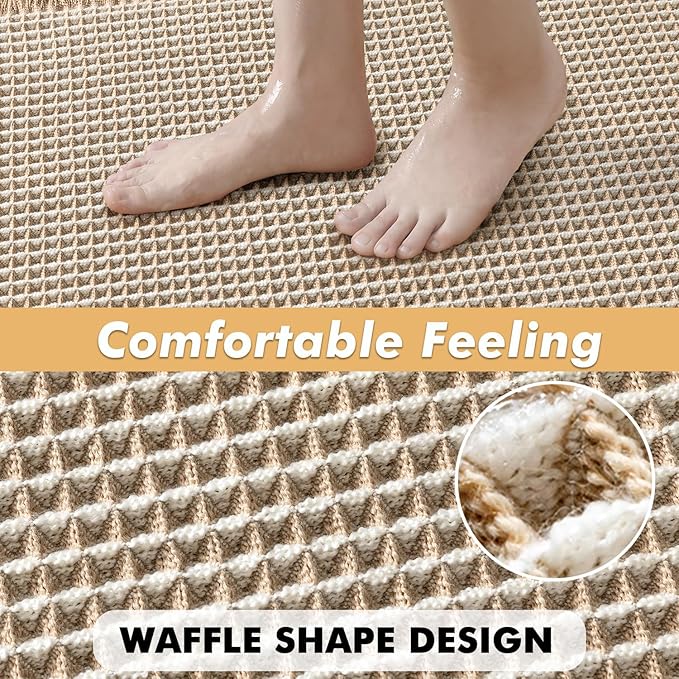 MIULEE Set of 2 Waffle Bathroom Rugs, Boho Bath Rugs Non Slip Washable, Super Absorbent Bath Mats, Ultra Soft Rubber Backed Shower Mats for Bathroom Floor, Tub, Brown & White, 17x24 Inch