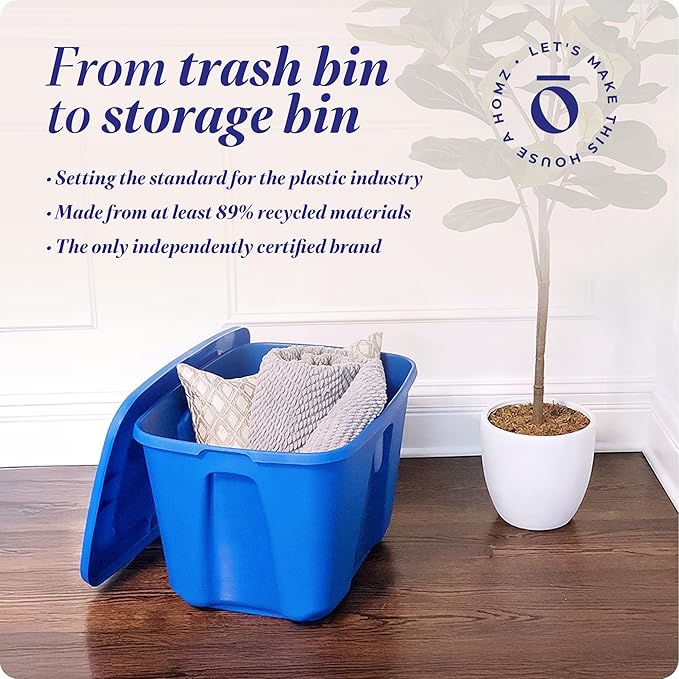 HOMZ 4-Pack Durable Molded Bin, Plastic Storage Containers w/Lids, 18 Gallon, Blue - Stackable Organizer Totes and Boxes for Bedroom, Kitchen, and Garage Organization