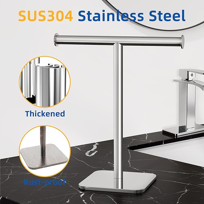 RUACQ T-Shape Hand Towel Holder Stand, Weighted Base Towel Rack, 12" Countertop Towel Holder for Bathroom, 304 Stainless Steel, Heavy Duty (Chrome, 2 Pack)