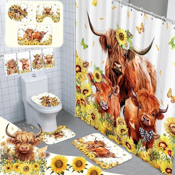 FuWeave 8 Pcs Highland Cow Shower Curtain Sets for Bathroom Sunflower Farm Cattle Shower Curtain Sets Watercolor Floral Bathroom Accessories with Towels Carpet Bath Mat Toilet Rugs and 12 Hooks