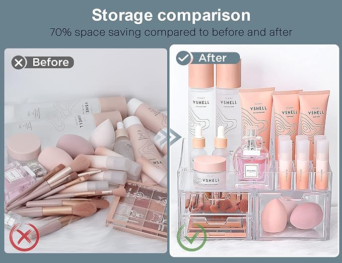GORET Vanity Makeup Organizer, Acrylic Cosmetic Storage with Large Capacity 3 Drawers for Bathroom Countertop Perfume Lipstick Brushes Skincare Eyeshadow