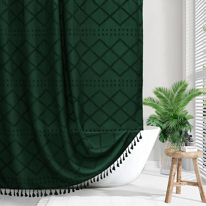Extra Long Boho Shower Curtain with Tassels 72 x 90, Dark Green