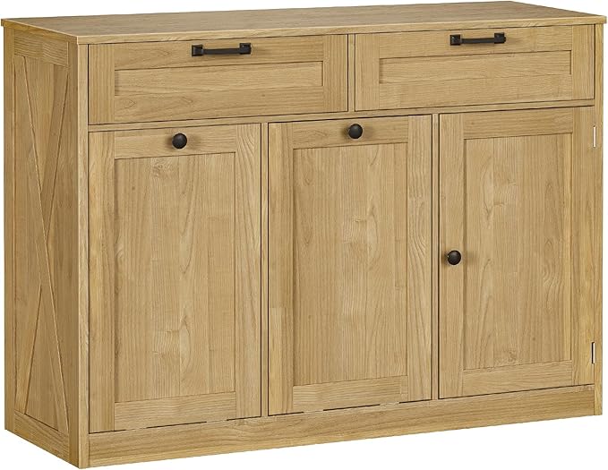Double Tilt Out Laundry Hamper Cabinet, 43.3" Laundry Cabinet with 2 Removable Baskets, Farmhouse Wooden Hidden Trash Bin Cabinet with Open Shelving, for Bathroom, Natural