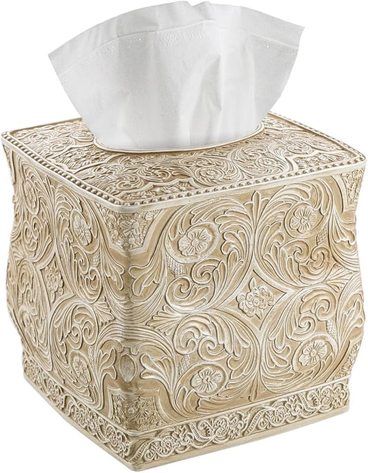 Creative Scents Victoria Tissue Box Cover Square – Beige Tissue Holder for Bathroom - Decorative Tissue Box Holder with Durable Bottom Slider - Boho Bathroom Decor