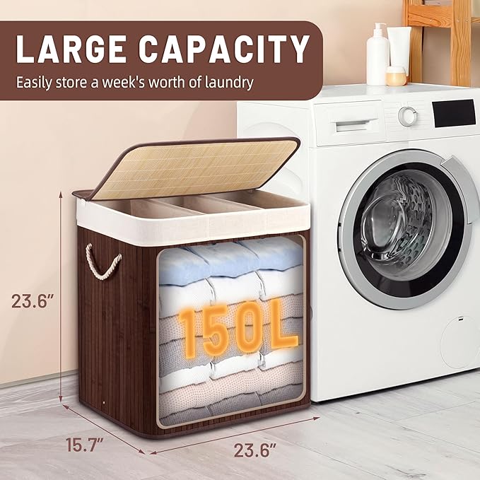 Aliphon 150L Laundry Hamper with lid, 3-Section Clothes Laundry Basket with Handles, Large Collapsible Bamboo Baskets for Bedroom, Bathroom, Dorm, Brown
