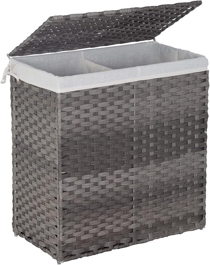 Paylesshere Laundry Basket Handwoven Laundry Hamper 90L/110L Foldable Rattan Laundry Hamper With Lid,2 Removable Liner Bags & 6 Bags,Clothes Bathroom Basket,Grey