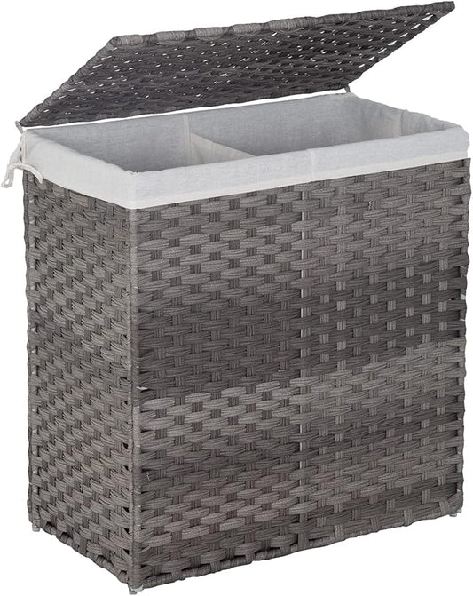 Paylesshere Laundry Basket Handwoven Laundry Hamper 90L/110L Foldable Rattan Laundry Hamper With Lid,2 Removable Liner Bags & 6 Bags,Clothes Bathroom Basket,Grey