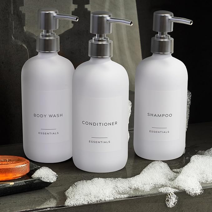 Stylish Shampoo and Conditioner Dispenser Set of 3 - Modern 21oz Shower Soap Bottles with Pump and Labels - Easy to Refill Body Wash Dispensers for an Instant Bathroom Decor Upgrade - White