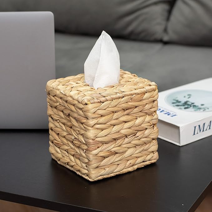 KOLWOVEN Tissue Box Holder - Square- Rattan Wicker Tissues Cube Box Cover -Boho Decorative Woven Facial Tissue Holder on Table and Barthroom (Square)