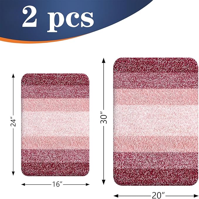 OLANLY Bathroom Rug Set 2 Piece, Soft Absorbent Microfiber Bath Rug Set, Non-Slip, Machine Wash Dry, Plush Shaggy Bath Mats for Bathroom (30"x20"+24"x16", Red)