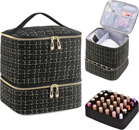 CTWWFS Nail Polish Organizer and Nail Lamp Case, Nail Kit Organizer Holds 30 Bottles (15ml - 0.5 fl.oz) and a Nail Lamp, Nail Polish Carrying Case with Manicure Tools Storage Sections (C-Black)