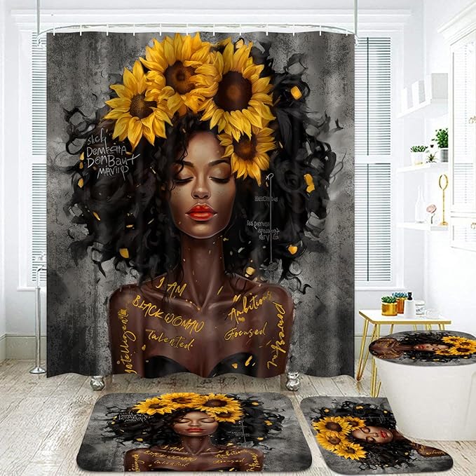 4 PCS Shower Curtain Set with Waterproof Shower Curtain, Non-Slip Bath Mat, Absorbent Rug, and Toilet Lid Cover, Inspirational Quote Afrcia American Black Queen Valentine's Day Bathroom Decor Set