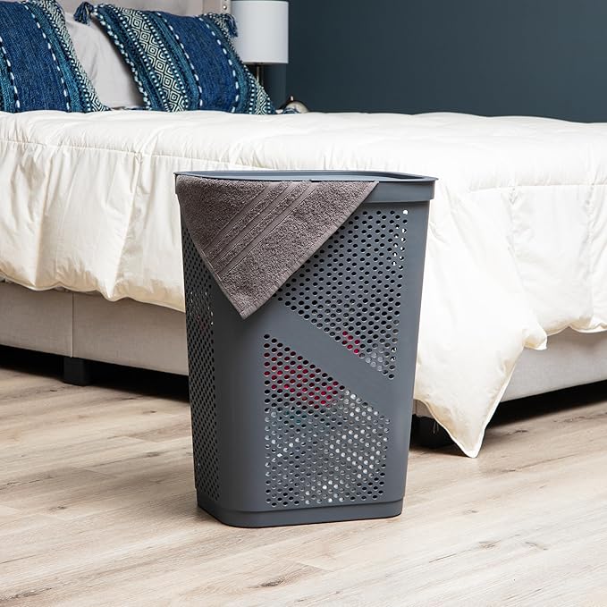 Mind Reader Slim Laundry Hamper with Lid, 60L Clothes Basket, Ventilated Plastic, Gray