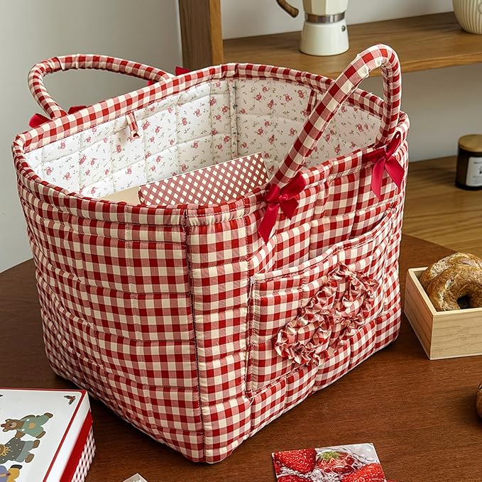 Quilted Fabric Basket Car Storage Basket Boho Floral Laundry Hamper for Nursery Bedroom & Living Room | Organize Clothes Toys (Red Gingham Check)