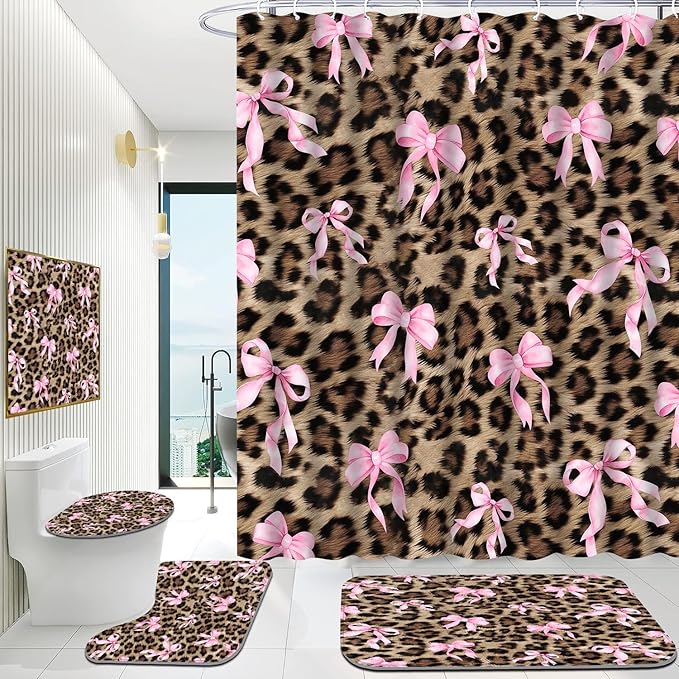 Onalasyc 4 Pcs Leopard Shower Curtain, Cheetah Bow Print Bathroom Set Shower Curtain Sets with Rugs, Waterproof Brown Pink Bow Animal Print Bathroom Curtains Shower Set,12 Pcs Hook,71 x 71 in