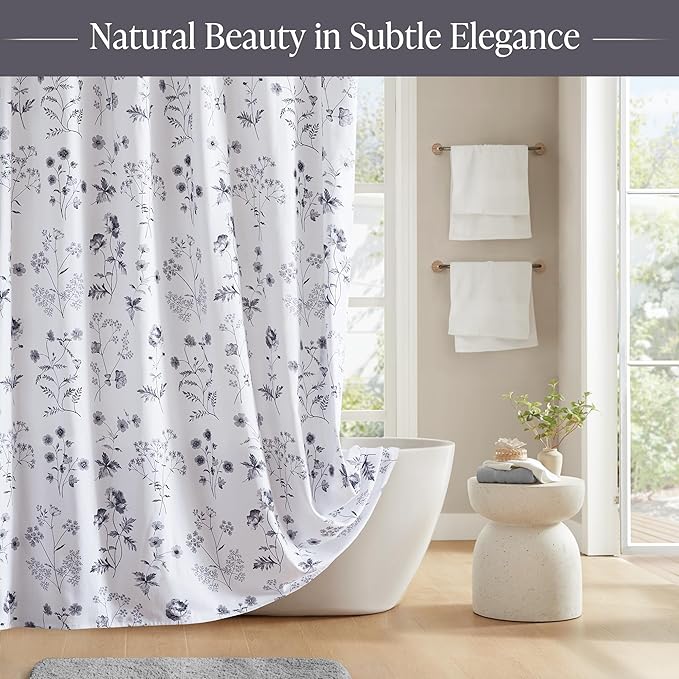 Martha Stewart Martha's Garden Shower Curtain Botanical Floral Print Cotton Shower Curtain for Bathroom, Spa Quality Modern Shower Curtains Standard Size, 72x84 Black