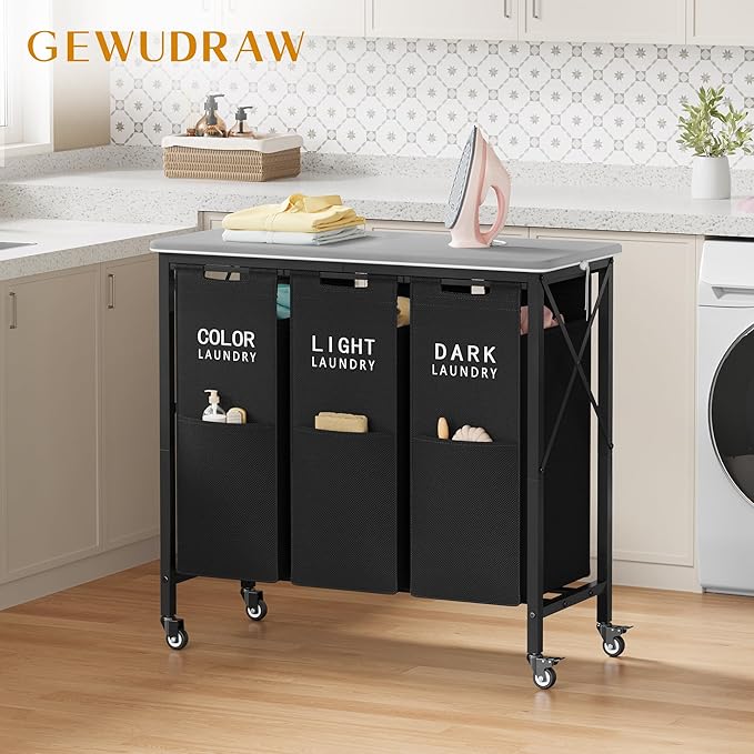 Gewudraw 3 Section Laundry Sorter with Ironing Board, Laundry Hamper with Removable Bags, Heavy Duty Rolling Laundry Cart with Lockable Wheels for Bathroom Bedroom, black