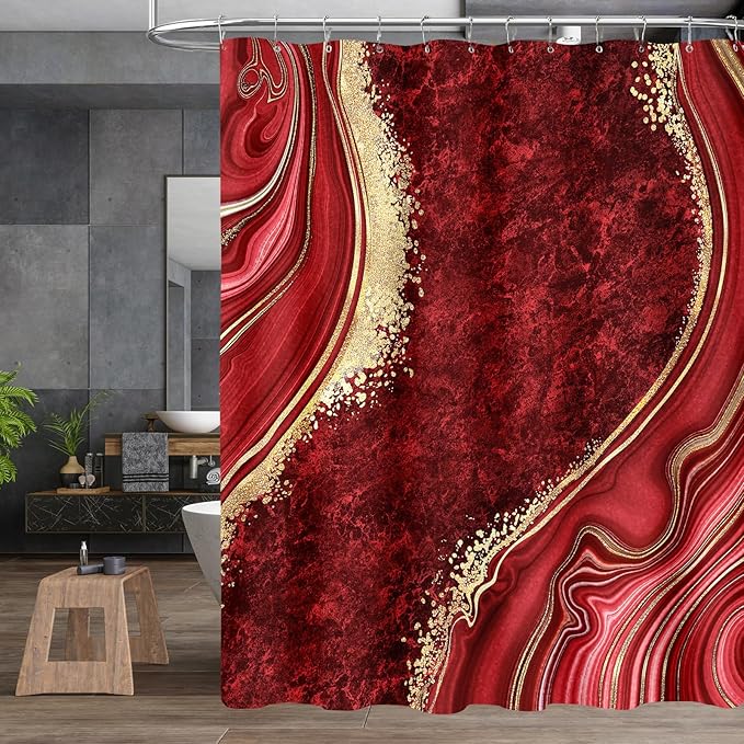 4PCS Red Marble Bathroom Sets with Shower Curtain and Rugs, Abstract Shower Curtain Sets with Rugs for Bathroom Decor, Modern Bathroom Curtains Shower Set with Toilet Lid Cover Accessories