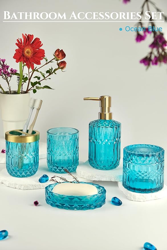 LaMarriti Teal Blue Bathroom Accessories Set, 5Pcs Clear Glass Bathroom Accessories, Hand Soap Dispenser Set, Soap Dish, Toothbrush Holder, Tumbler, Qtip Holder for Crystal Vantage Bathroom Decor