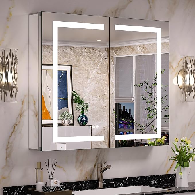 Keonjinn 36 x 32 Medicine Cabinet with Lights, LED Medicine Cabinet with Defogger and Outlets 3 Colors Dimmable with UL Listed LED Driver, Tempered Glass Surface/Recessed Mount Mirror with Storage