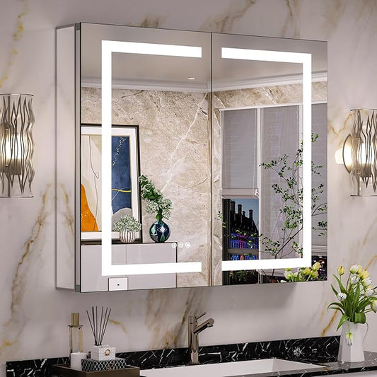 Keonjinn 36 x 32 Medicine Cabinet with Lights, LED Medicine Cabinet with Defogger and Outlets 3 Colors Dimmable with UL Listed LED Driver, Tempered Glass Surface/Recessed Mount Mirror with Storage