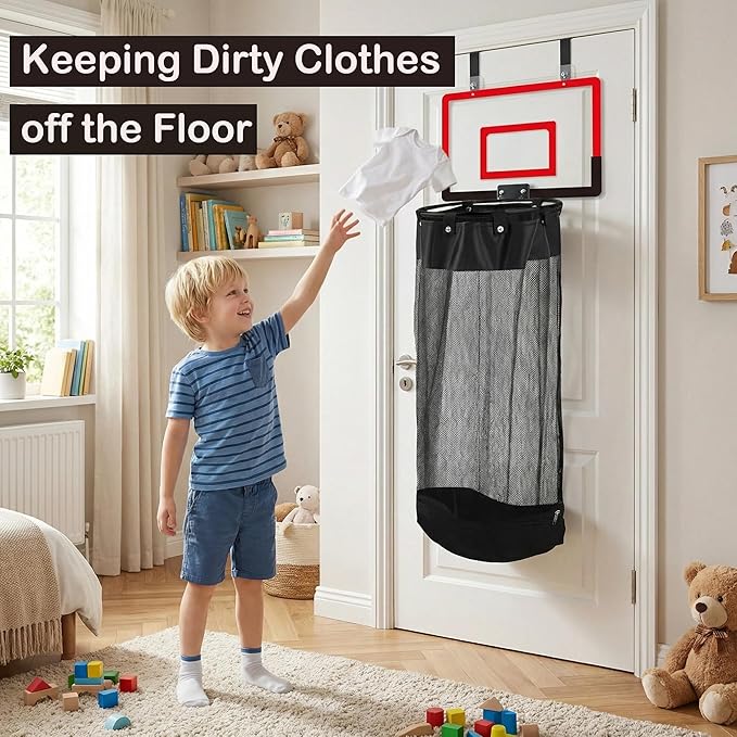 Over the Door Basketball Laundry and Net, Basketball Laundry Hamper Hoop with Zipper, Space-Saving Storage and Organization, for Kids Room, Dorm Rooms, Bathroom