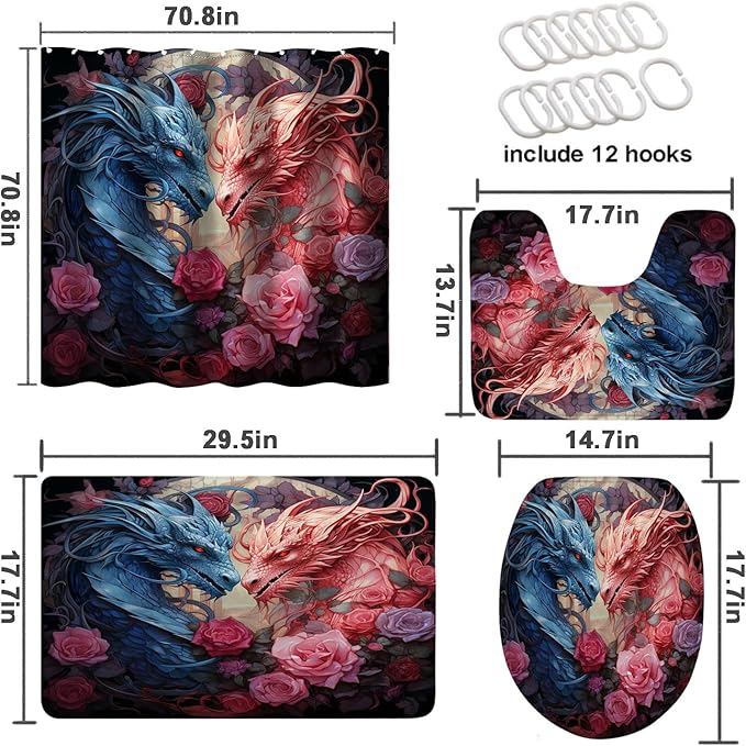 4 Pcs Dragon Bathroom Shower Curtain Set with Rugs,Toilet Lid Cover, Bath Mat, Fantasy Magical Pink Dragon Red Rose Shower Curtain with 12 Hooks, Durable Bathroom Decor Set