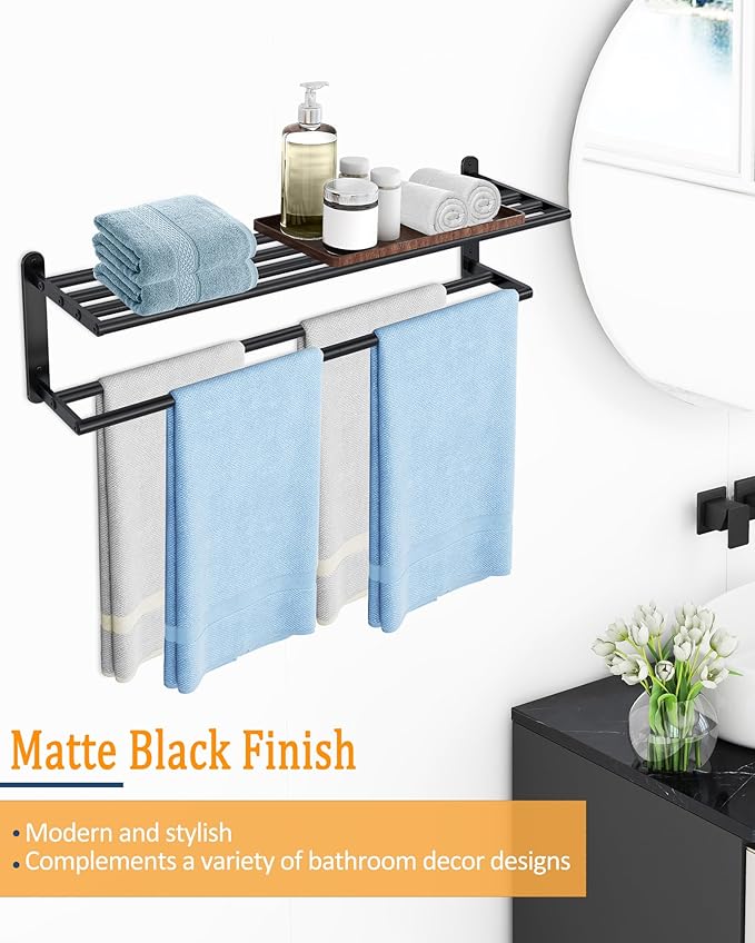 Double Towel Racks for Bathroom, Towel Shelf with Double Towel Bar 32 inch, Towel Rack with Shelf for Bathroom, Stainless Steel Towel Holder Wall Mounted, Towel Storage for Bathroom Lavatory Black