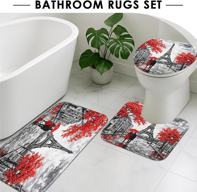 Britimes 4 Piece Shower Curtain Sets, Red Background Paris Eiffel Tower with Non-Slip Rugs, Toilet Lid Cover and Bath Mat, for Bathroom Decor Set, 72" x 72"