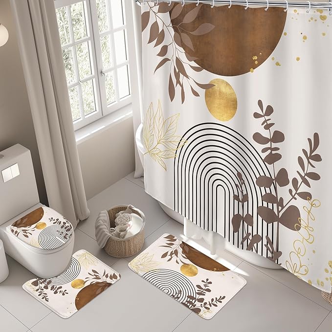 Riyidecor Brown Boho Mid Century 4Pcs Bathroom Shower Curtain Sets Modern Abstract Gold Bathroom Decor Set with Rugs and Accessories Minimalist Toilet Lid Rug, Contour and Bath Mat with 12 Hooks