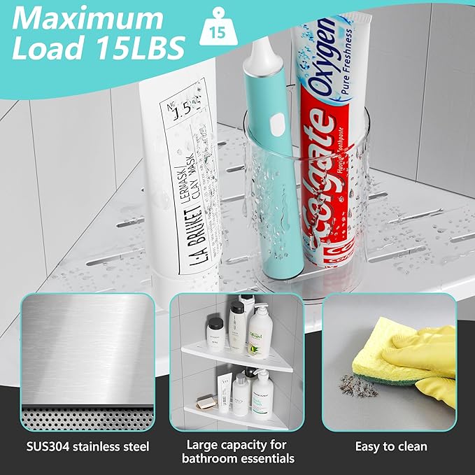Qeke Corner Shower Shelf Matte White, 304 Stainless Steel 11.5” Recessed Corner Shelf Bathroom for Tiled Wall, Floating Shower Shelves Shampoo Holder, No Drilling, 2 Pack