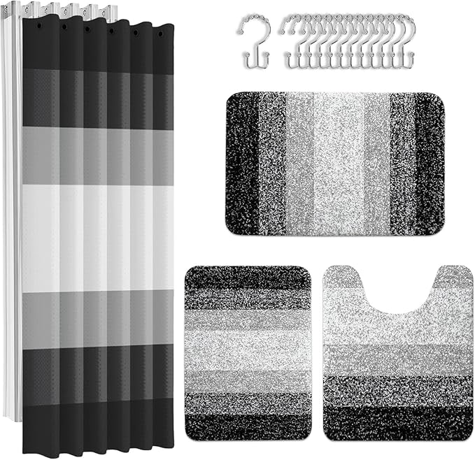 Britimes Black Stripes Bathroom Sets with Shower Curtain and Rugs, Modern Minimalist Ombre Grey Waterproof Shower Curtain Liner and Soft Non Slip Bath Mat for Bathroom Decor and Accessories Hooks