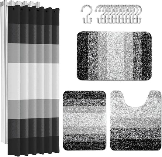 Britimes Black Stripes Bathroom Sets with Shower Curtain and Rugs, Modern Minimalist Ombre Grey Waterproof Shower Curtain Liner and Soft Non Slip Bath Mat for Bathroom Decor and Accessories Hooks