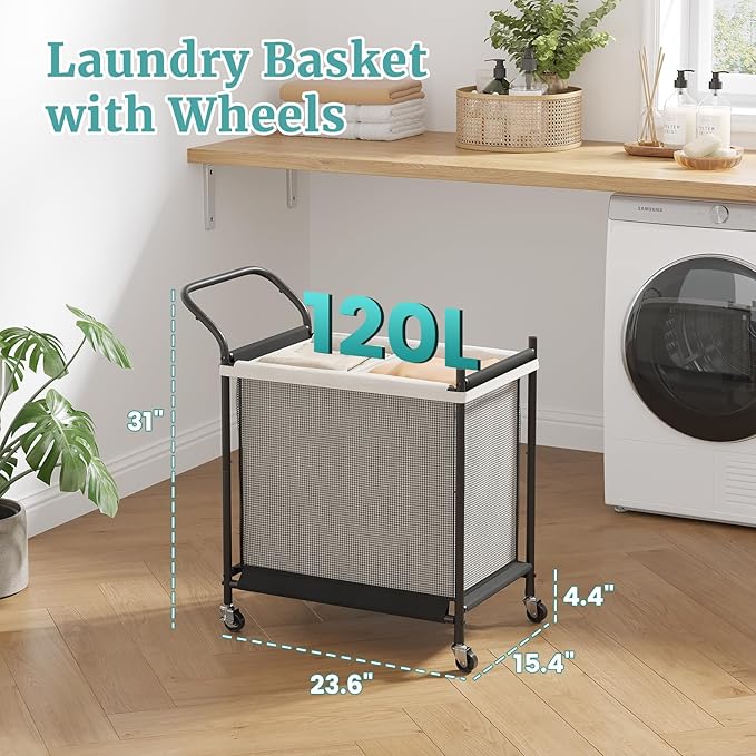Laundry Hamper with Wheels - 2 Section Laundry Basket 120L, Removable Washable Bags, Height-Fitted Rolling Laundry Cart for Laundry Room & Bedroom
