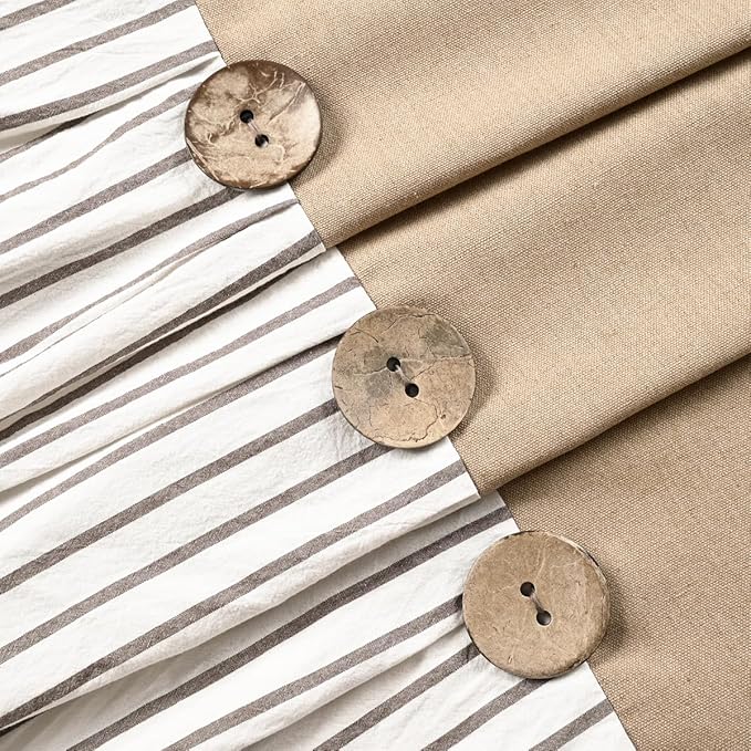 Farmhouse Shower Curtain,Camel and Brown Stripe,Button Curtain,Cotton Woven and Cotton Blend Fabric,Rustic Charm Country Chic Style,72x72 in