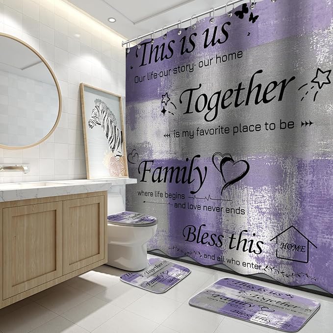 Lnond 4Pcs Bathroom Shower Curtain Sets with Rugs, Purple Grey Motivational Home Family Bathroom Sets with Shower Curtain and Rugs and Accessories